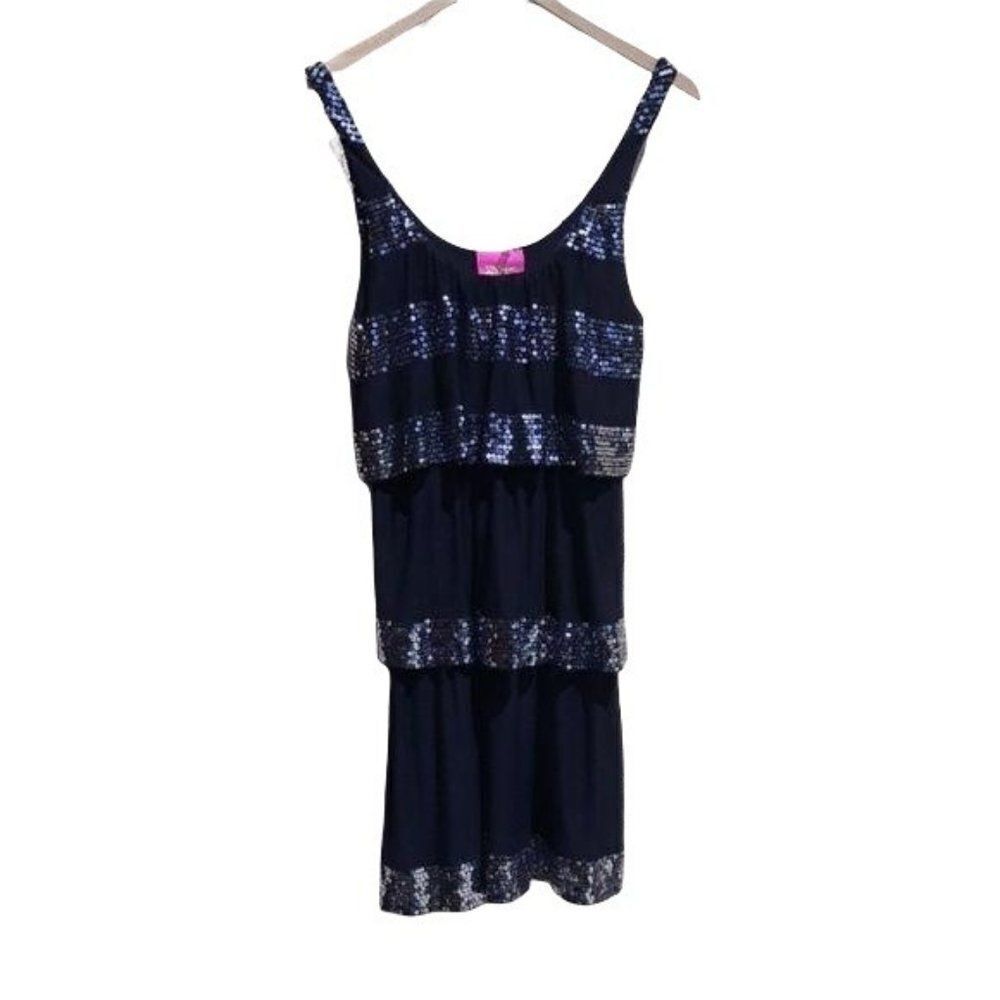 32 Flavors Dress Flapper Sequined Striped Tiered Sleeveless Mini Black Sz XS